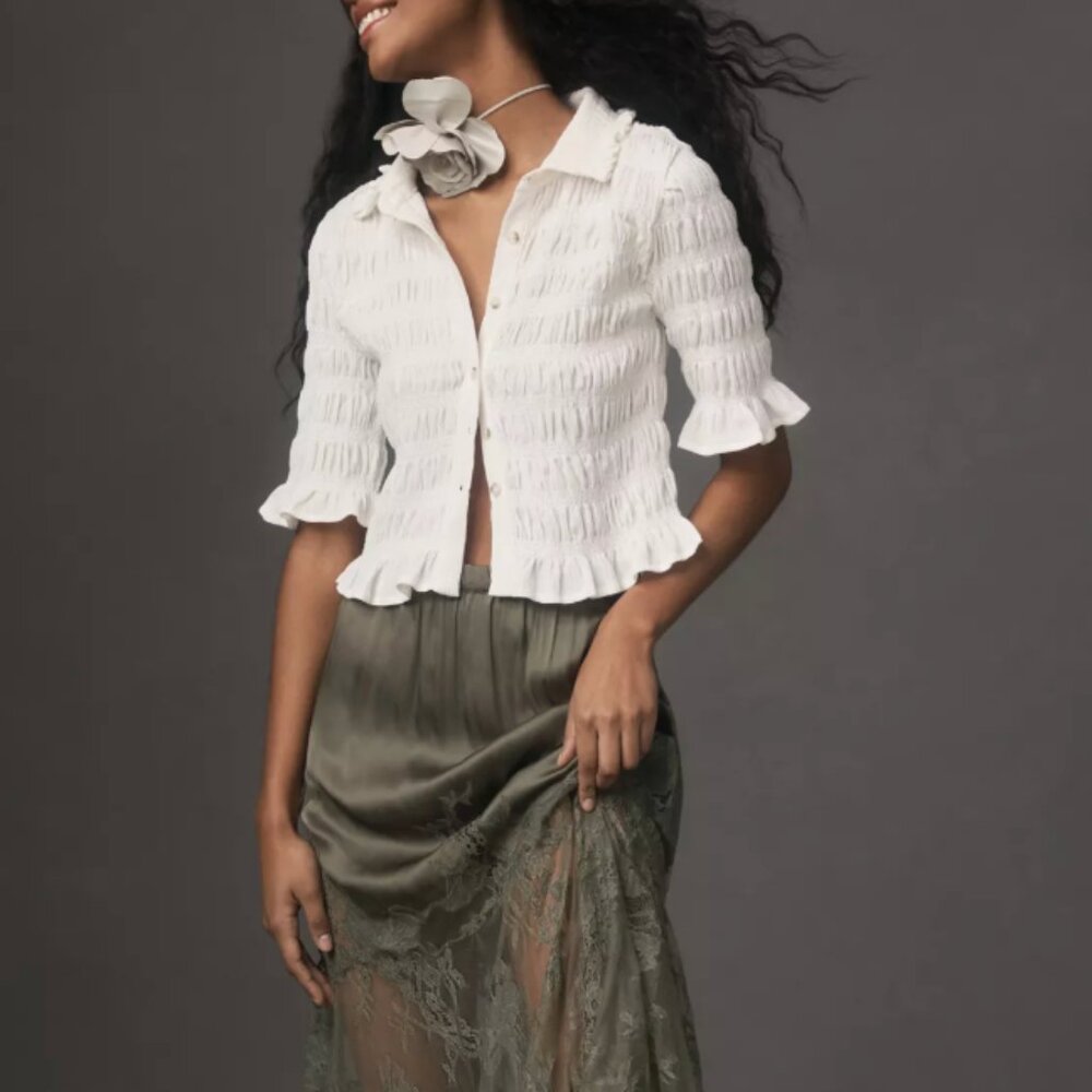 Anthropologie Maeve Smocked Button-Front Top